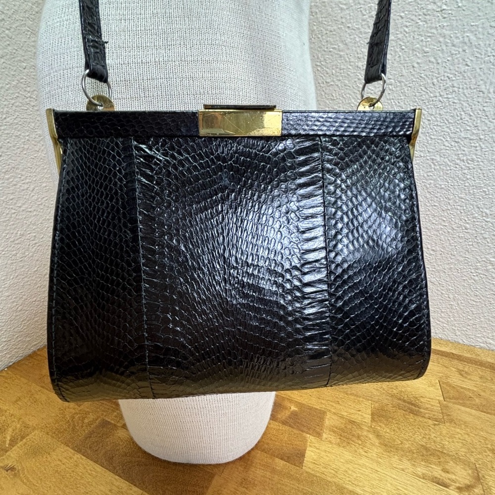 Vintage Black Genuine Lizard Skin Frame Bag - Suede Lined - Picture 3 of 13